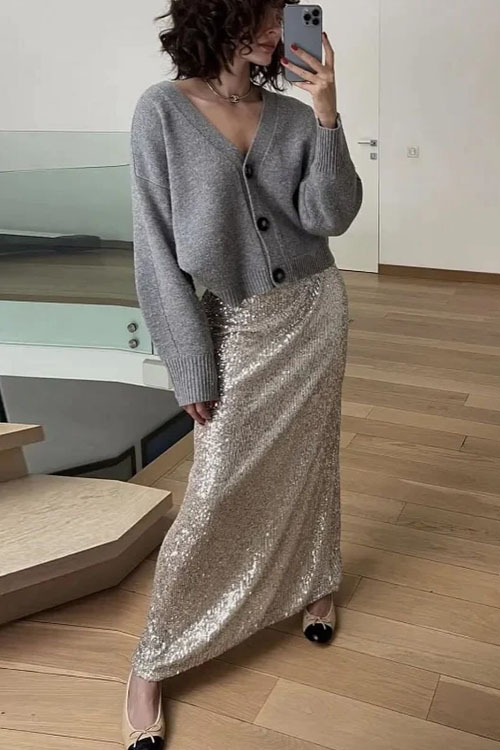 Nonnadress High Waist Sequin Tight Waist Back Split Stretch Straight Halter Skirt