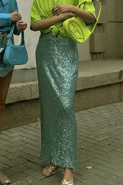 Nonnadress High Waist Sequin Tight Waist Back Split Stretch Straight Halter Skirt