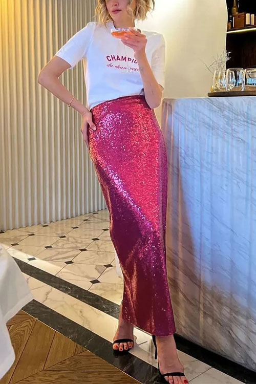 Nonnadress High Waist Sequin Tight Waist Back Split Stretch Straight Halter Skirt