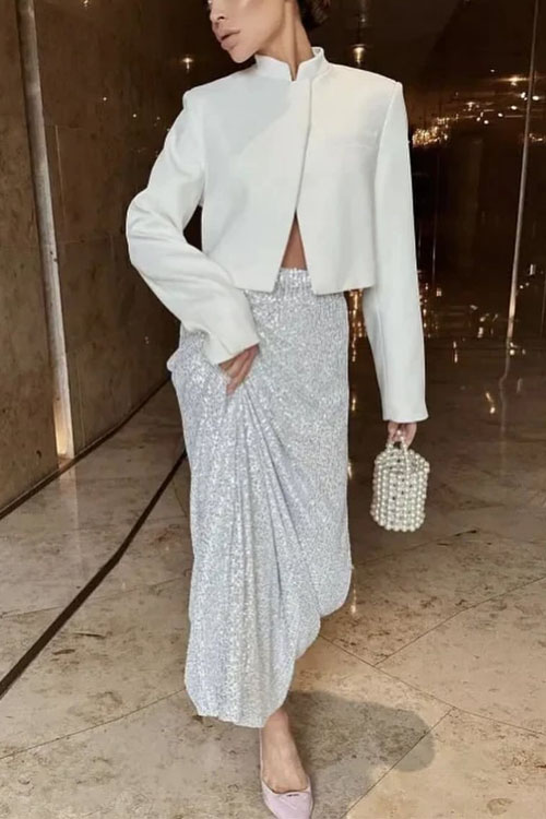 Nonnadress High Waist Sequin Tight Waist Back Split Stretch Straight Halter Skirt