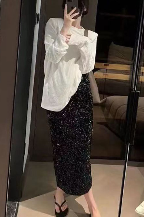 Nonnadress High Waist Sequin Tight Waist Back Split Stretch Straight Halter Skirt