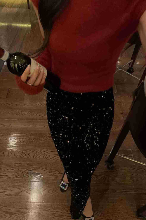 Nonnadress High Waist Sequin Tight Waist Back Split Stretch Straight Halter Skirt