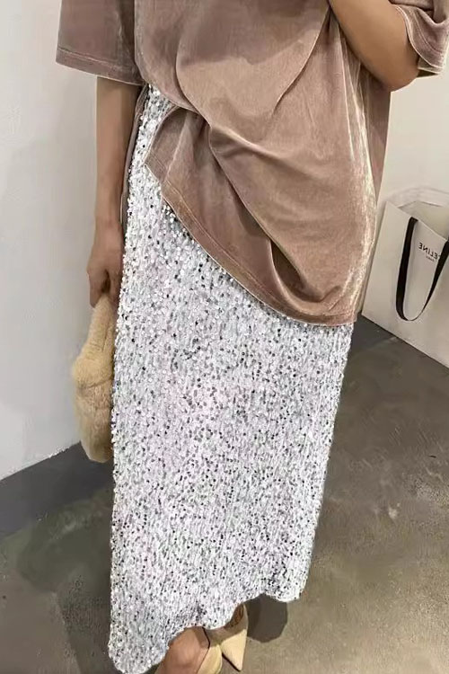 Nonnadress High Waist Sequin Tight Waist Back Split Stretch Straight Halter Skirt