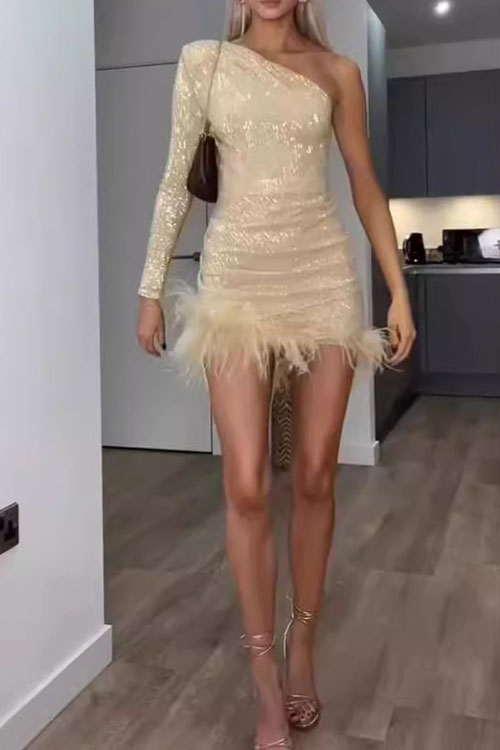 Nonnadress Solid Color Feather Sequin Party Dress