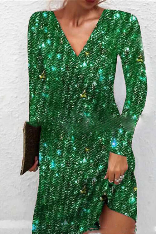 Nonnadress Elegant V-neck Solid Color Long Sleeve Sparkly Dress