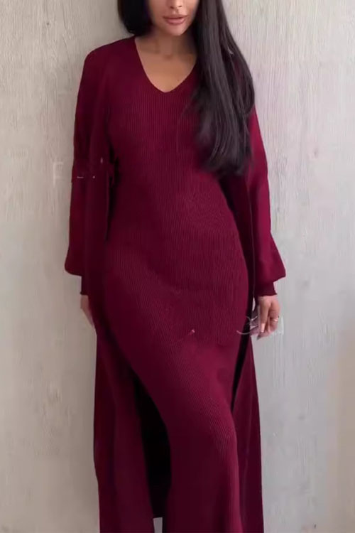 Nonnadress Casual Style Slim-fit Knit Sweater and Over-the-knee Long Skirt Two-piece Set