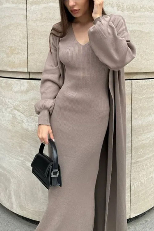 Nonnadress Casual Style Slim-fit Knit Sweater and Over-the-knee Long Skirt Two-piece Set