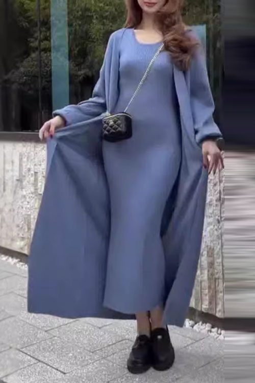 Nonnadress Casual Style Slim-fit Knit Sweater and Over-the-knee Long Skirt Two-piece Set