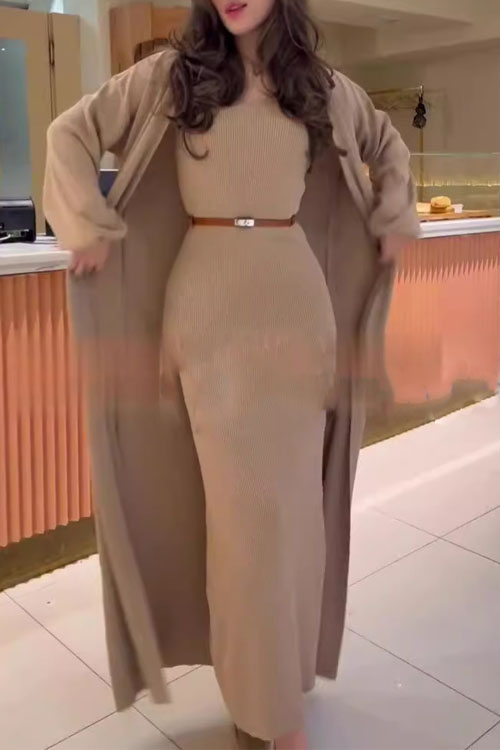 Nonnadress Casual Style Slim-fit Knit Sweater and Over-the-knee Long Skirt Two-piece Set