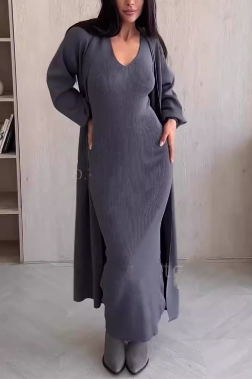 Nonnadress Casual Style Slim-fit Knit Sweater and Over-the-knee Long Skirt Two-piece Set