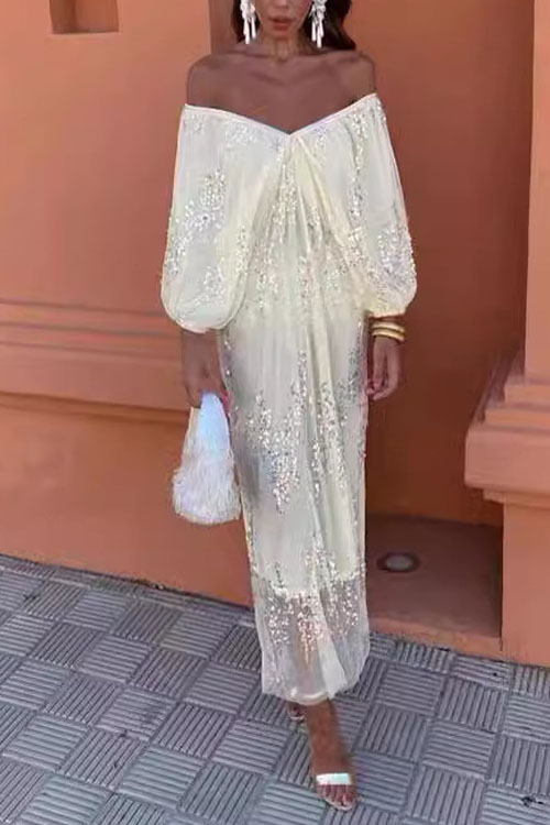 Nonnadress Batwing Sleeve Sequin Deep V-neck Long Dress