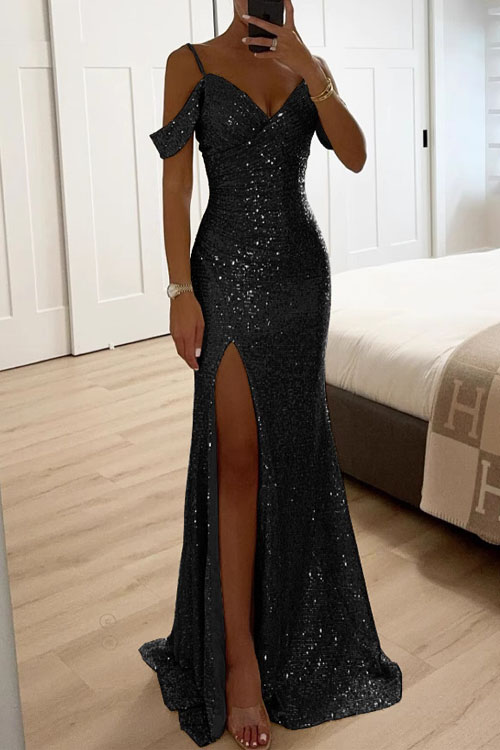 Nonnadress Spaghetti Strap Sequin Slit Dress