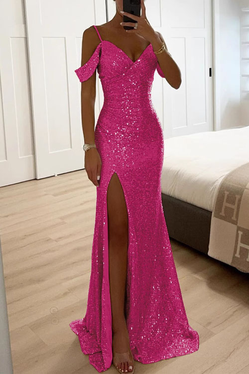 Nonnadress Spaghetti Strap Sequin Slit Dress