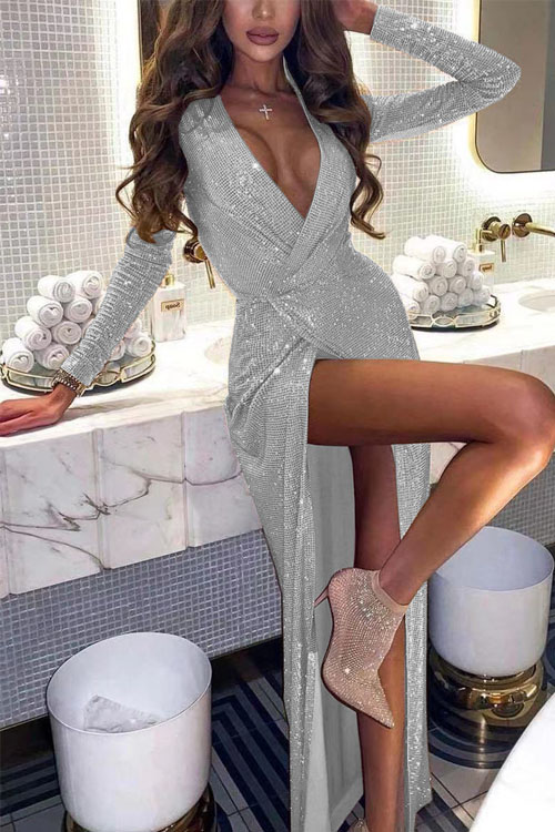 Nonnadress V-Neck Glitter Slim-Fit Long-Sleeve Gown