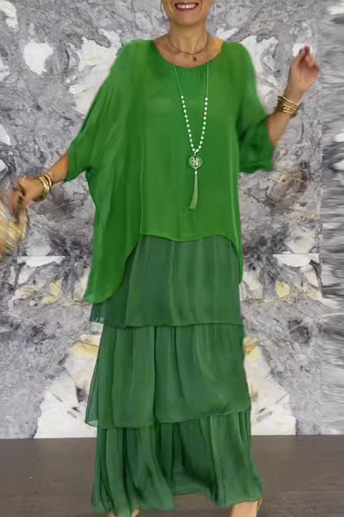 Nonnadress Chiffon Mesh Batwing Sleeve Crew Neck Long Dress