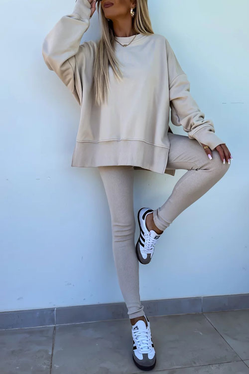 Nonnadress Casual Crew Neck Side Slit Top and Sweatpants Set