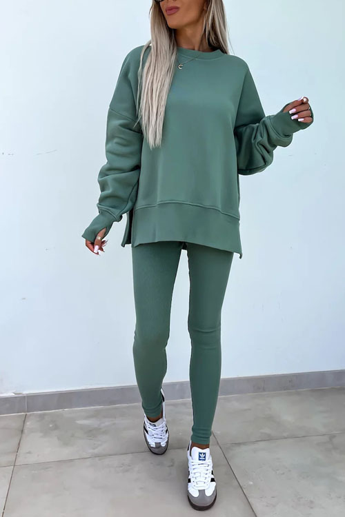 Nonnadress Casual Crew Neck Side Slit Top and Sweatpants Set