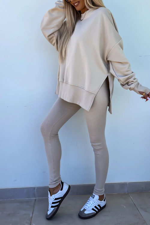 Nonnadress Casual Crew Neck Side Slit Top and Sweatpants Set