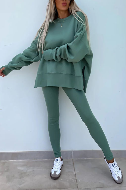 Nonnadress Casual Crew Neck Side Slit Top and Sweatpants Set