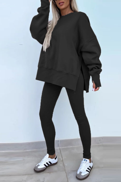 Nonnadress Casual Crew Neck Side Slit Top and Sweatpants Set