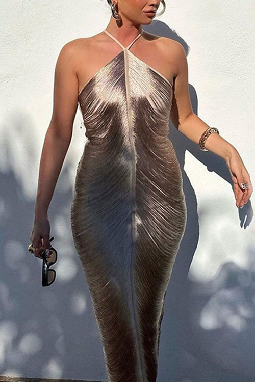 Nonnadress Fringe Halter Back Slit Gown Dress