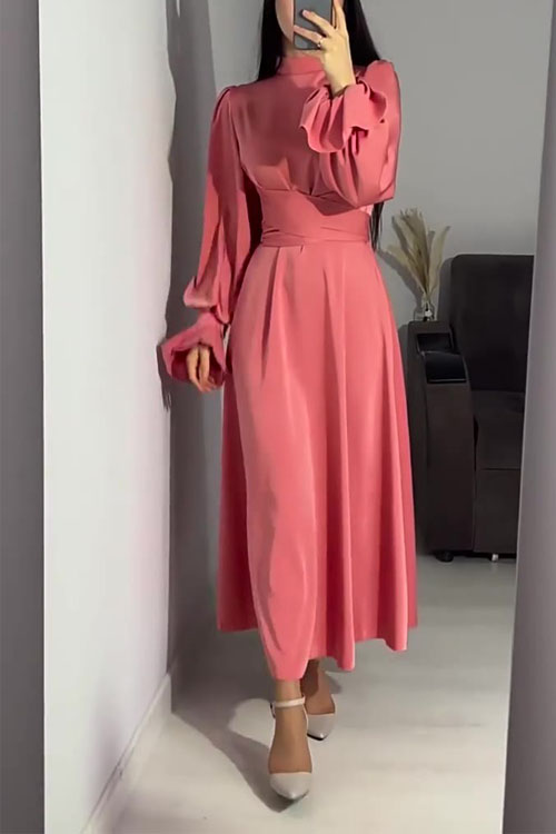 Nonnadress Waist-Cinched Puff Sleeve Solid Color Fairy-Style Dress