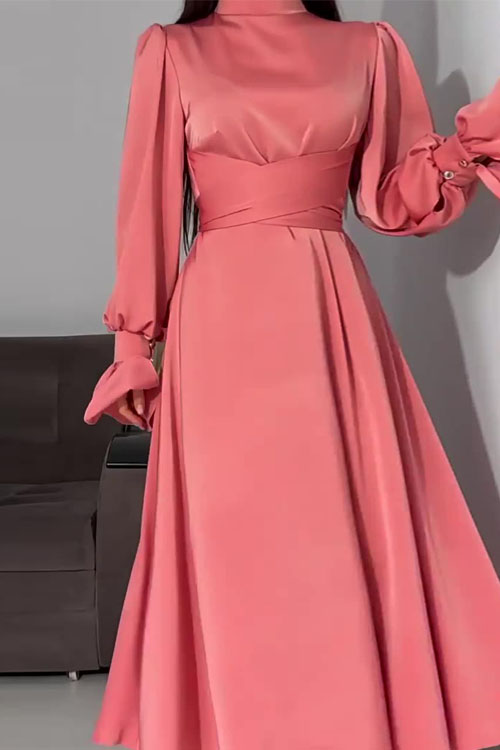 Nonnadress Waist-Cinched Puff Sleeve Solid Color Fairy-Style Dress