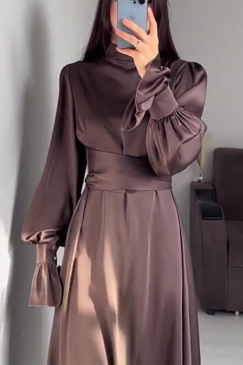 Nonnadress Waist-Cinched Puff Sleeve Solid Color Fairy-Style Dress