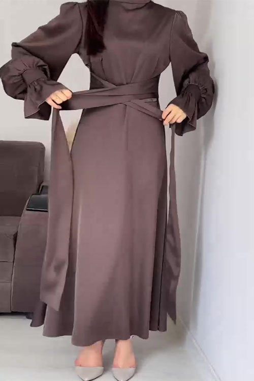 Nonnadress Waist-Cinched Puff Sleeve Solid Color Fairy-Style Dress