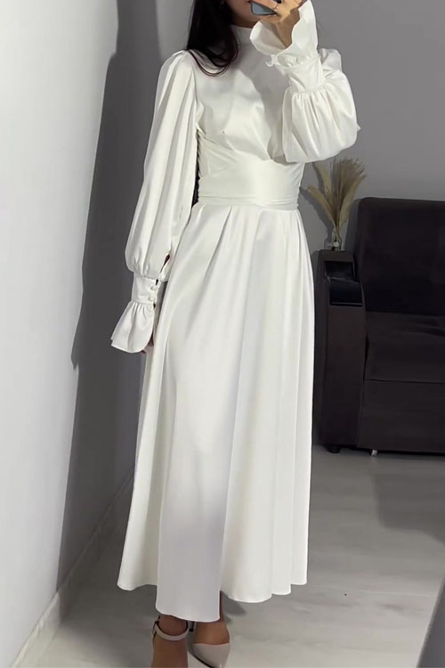 Nonnadress Waist-Cinched Puff Sleeve Solid Color Fairy-Style Dress