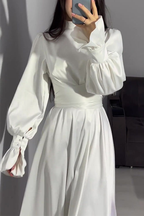 Nonnadress Waist-Cinched Puff Sleeve Solid Color Fairy-Style Dress