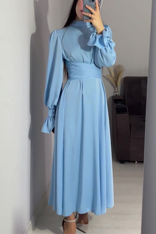 Nonnadress Waist-Cinched Puff Sleeve Solid Color Fairy-Style Dress