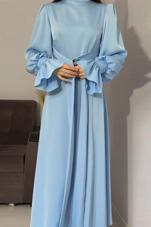 Nonnadress Waist-Cinched Puff Sleeve Solid Color Fairy-Style Dress