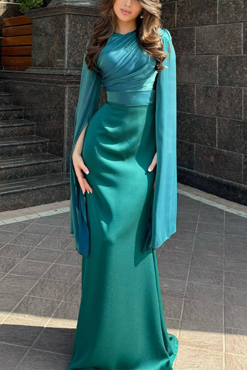 Nonnadress Paneled Mesh Flare Sleeve Satin Slim-Fit Dress