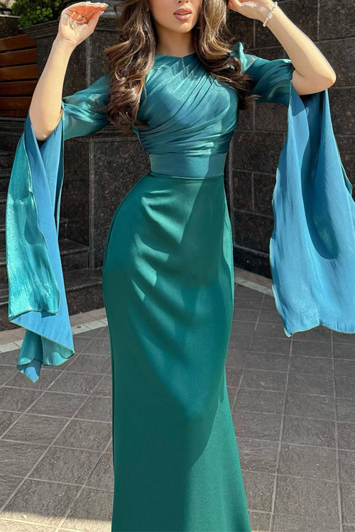 Nonnadress Paneled Mesh Flare Sleeve Satin Slim-Fit Dress