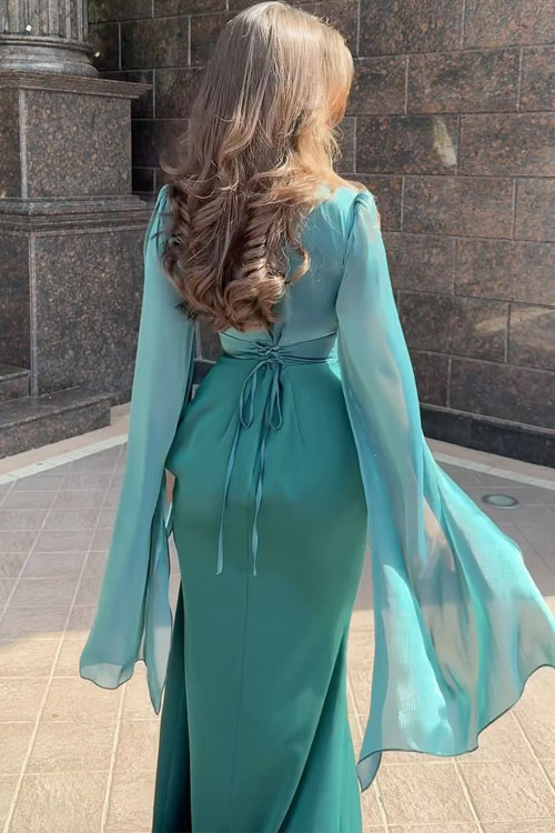 Nonnadress Paneled Mesh Flare Sleeve Satin Slim-Fit Dress