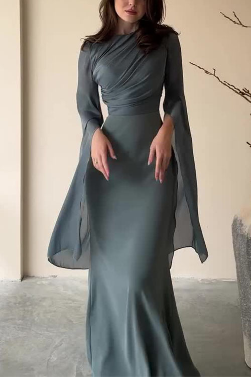 Nonnadress Paneled Mesh Flare Sleeve Satin Slim-Fit Dress