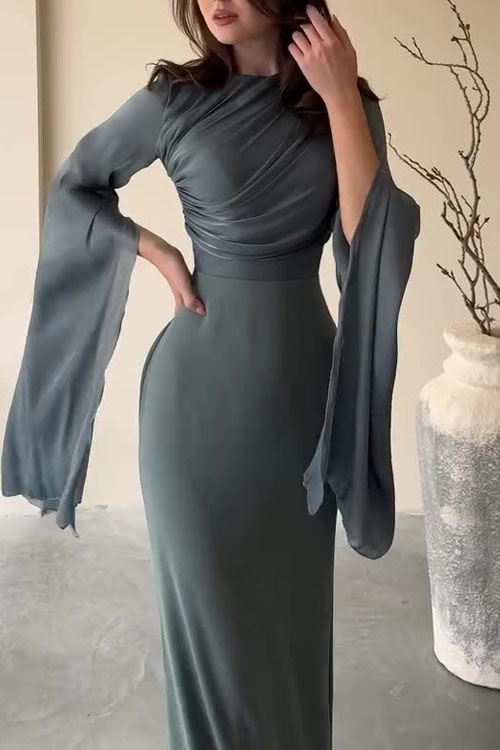 Nonnadress Paneled Mesh Flare Sleeve Satin Slim-Fit Dress