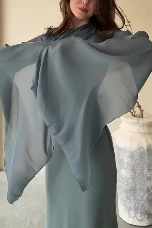 Nonnadress Paneled Mesh Flare Sleeve Satin Slim-Fit Dress