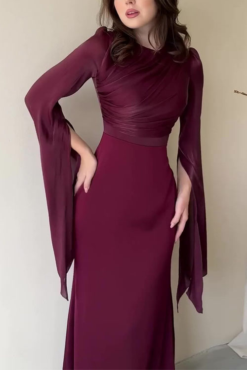 Nonnadress Paneled Mesh Flare Sleeve Satin Slim-Fit Dress