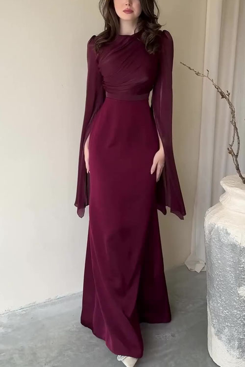 Nonnadress Paneled Mesh Flare Sleeve Satin Slim-Fit Dress