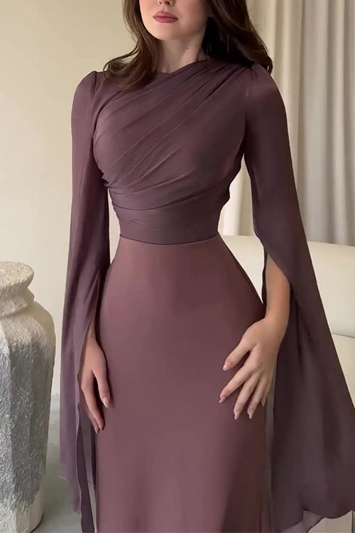 Nonnadress Paneled Mesh Flare Sleeve Satin Slim-Fit Dress