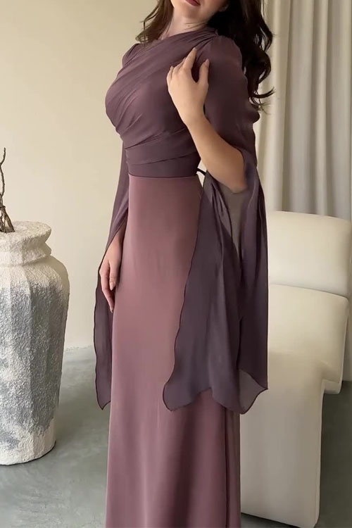 Nonnadress Paneled Mesh Flare Sleeve Satin Slim-Fit Dress