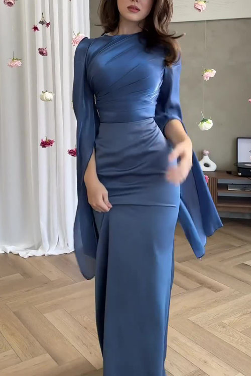 Nonnadress Paneled Mesh Flare Sleeve Satin Slim-Fit Dress