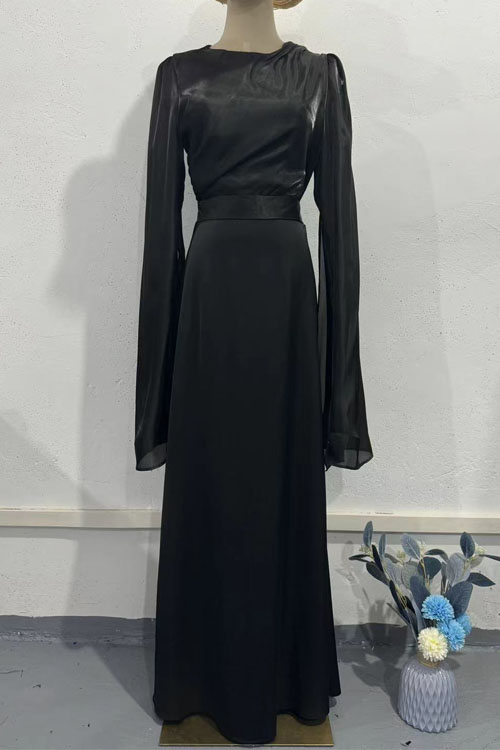 Nonnadress Paneled Mesh Flare Sleeve Satin Slim-Fit Dress