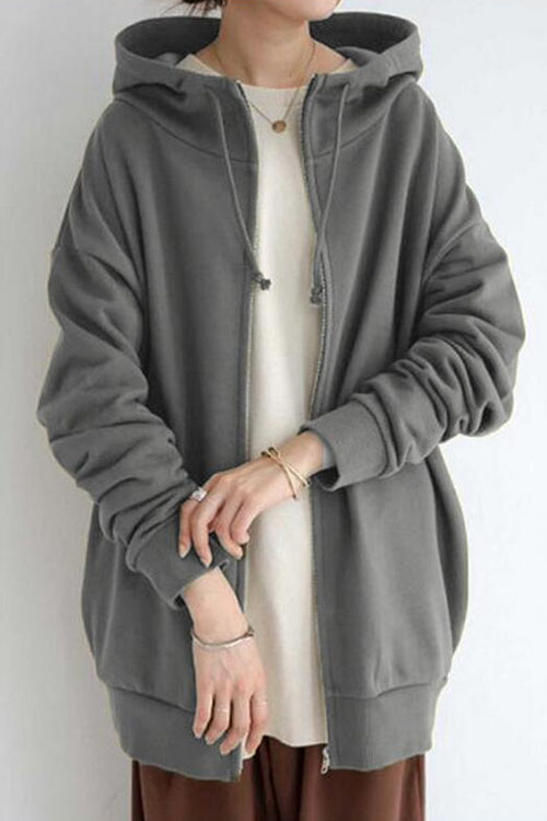 Nonnadress Street-style zip-up hooded long fleece-lined sweatshirt