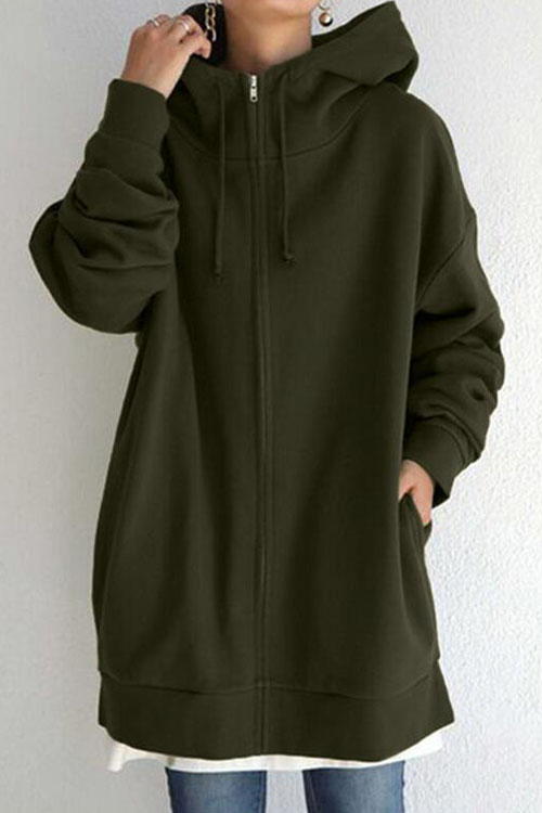 Nonnadress Street-style zip-up hooded long fleece-lined sweatshirt