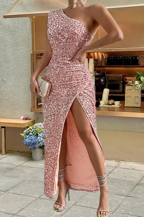 Nonnadress Sequin one-shoulder sleeveless slit solid color dress