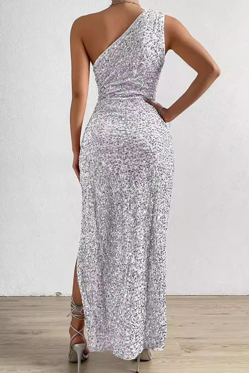 Nonnadress Sequin one-shoulder sleeveless slit solid color dress