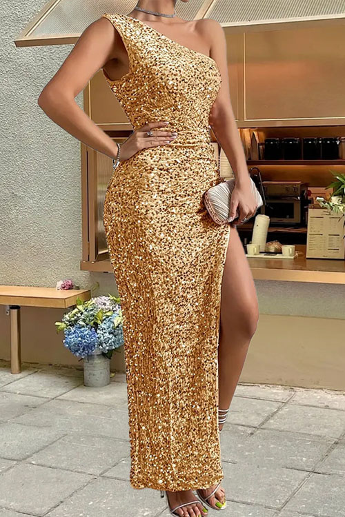 Nonnadress Sequin one-shoulder sleeveless slit solid color dress